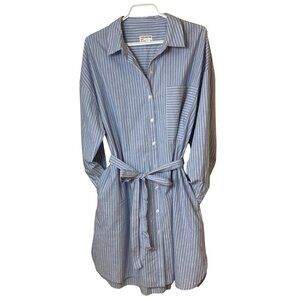 Frank & Oak Blue Stripe Shirt Dress XL, Belted Kapok Cotton, Midi, Button Down